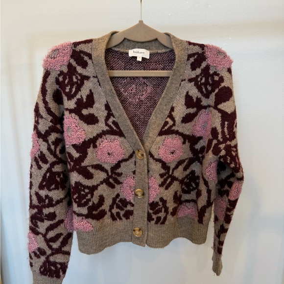 bohme Sweaters - Bohme Burgundy and Pink Floral Cardigan